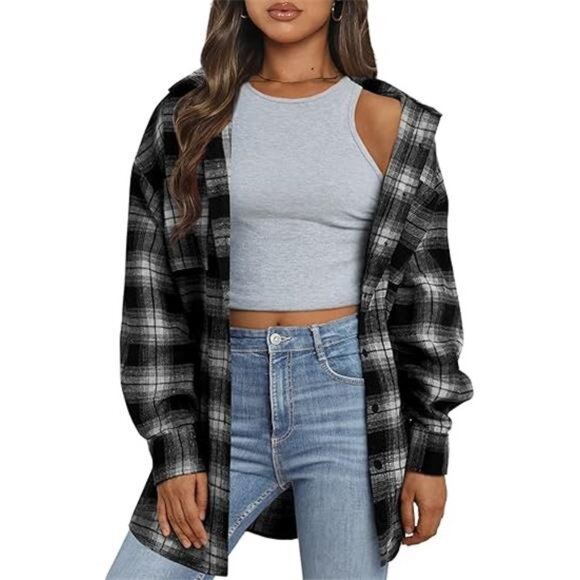 Women's Long Sleeve Flannel Shacket Button-Down Blouse - Plaid Top for Fall - Picture 2 of 7